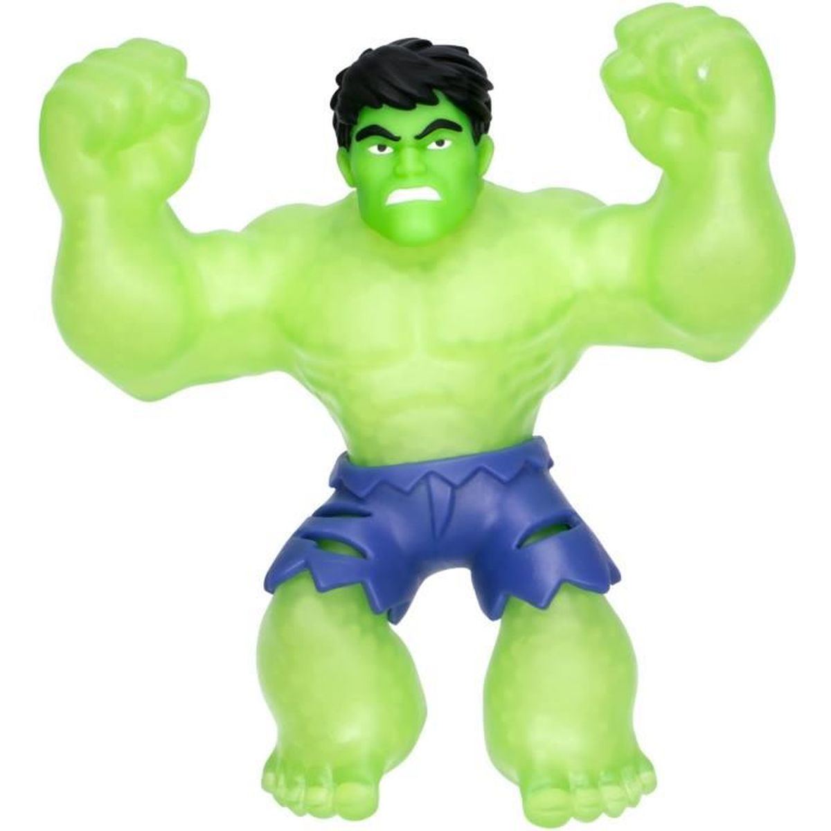 Eine grüne Hulk-Actionfigur mit schwarzen Haaren und blauen Shorts, die ihre Muskeln mit geballten Fäusten anspannt.