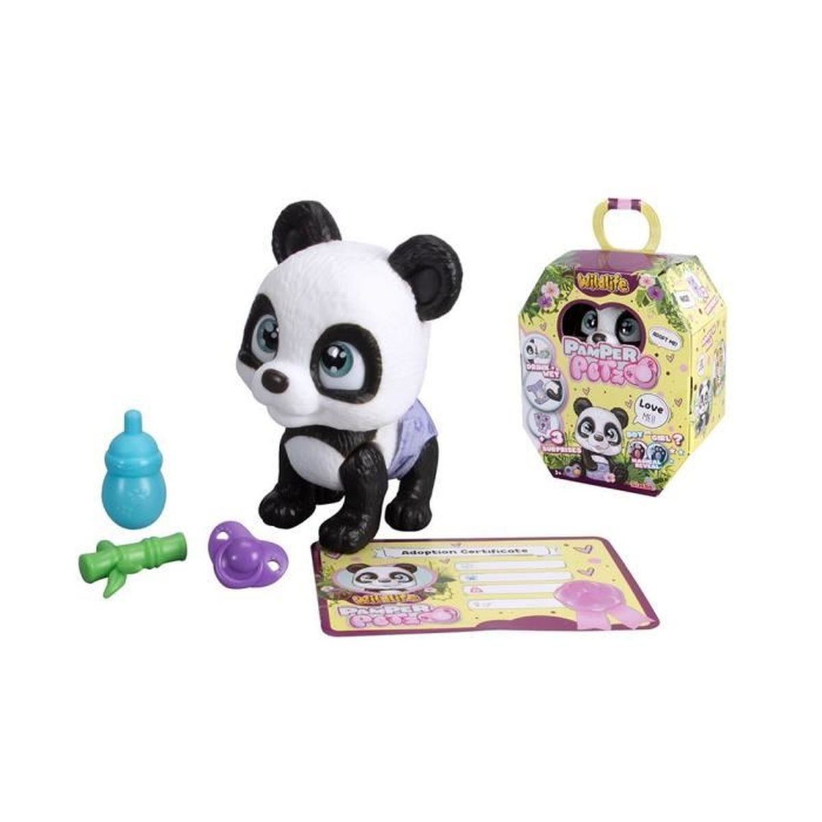Ein Pandaspielzeug mit Zubehör. Enthält eine Schachtel, Adoptionsurkunde, Flasche, Schnuller und ein grünes Spielzeug. Der Panda hat ein weißes und schwarzes Fell.