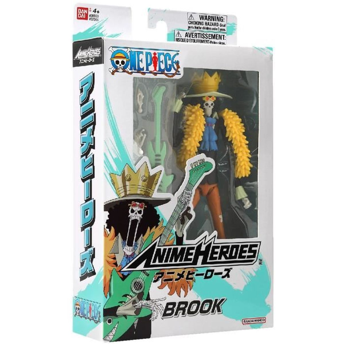 Una figura de acción de Brook de One Piece Anime Heroes en su embalaje. La figura es esquelética, lleva una corona y una guitarra.