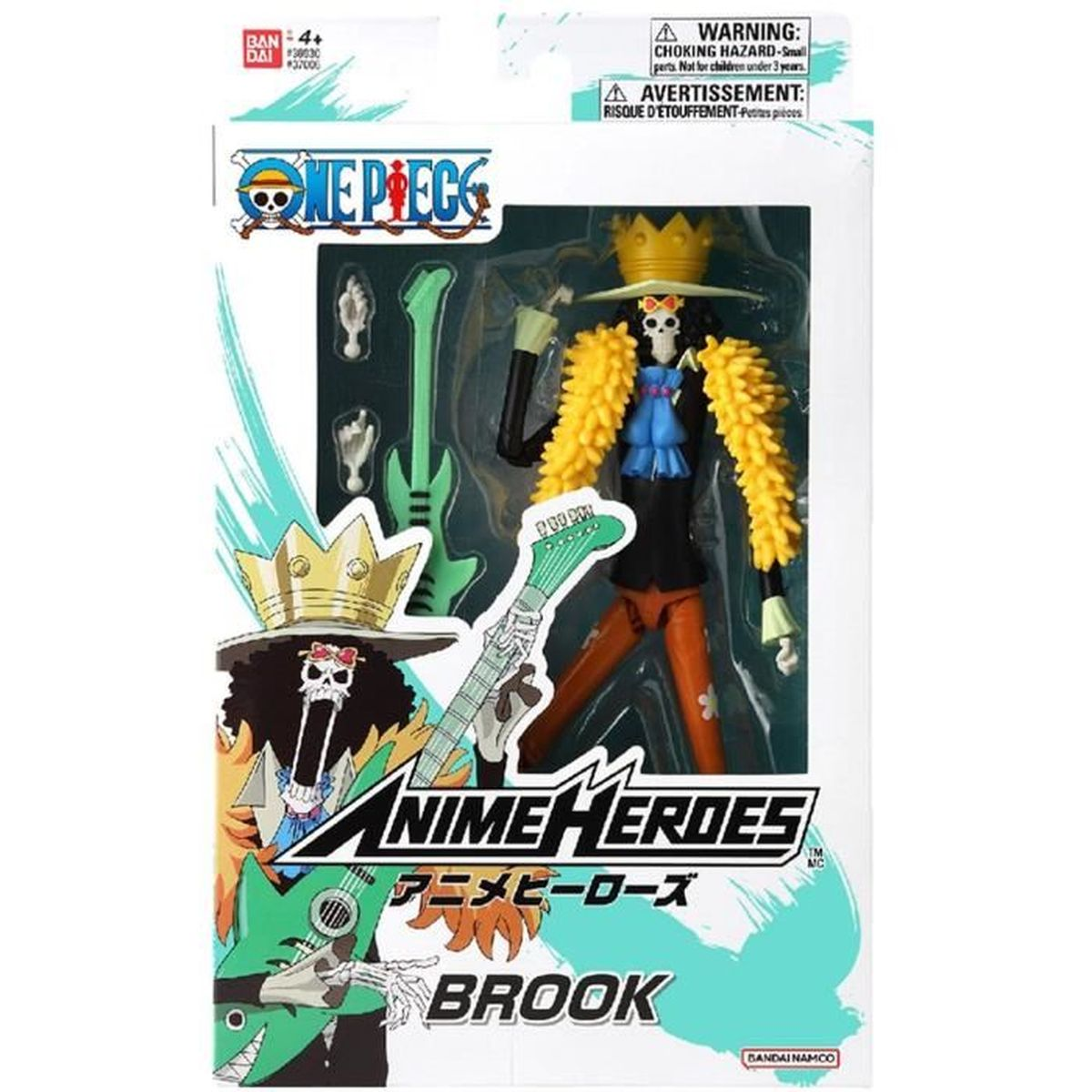 Figura de Brook de Anime Heroes en caja. Brook es un esqueleto con corona, sosteniendo una guitarra. Incluye accesorios y guitarras verdes.