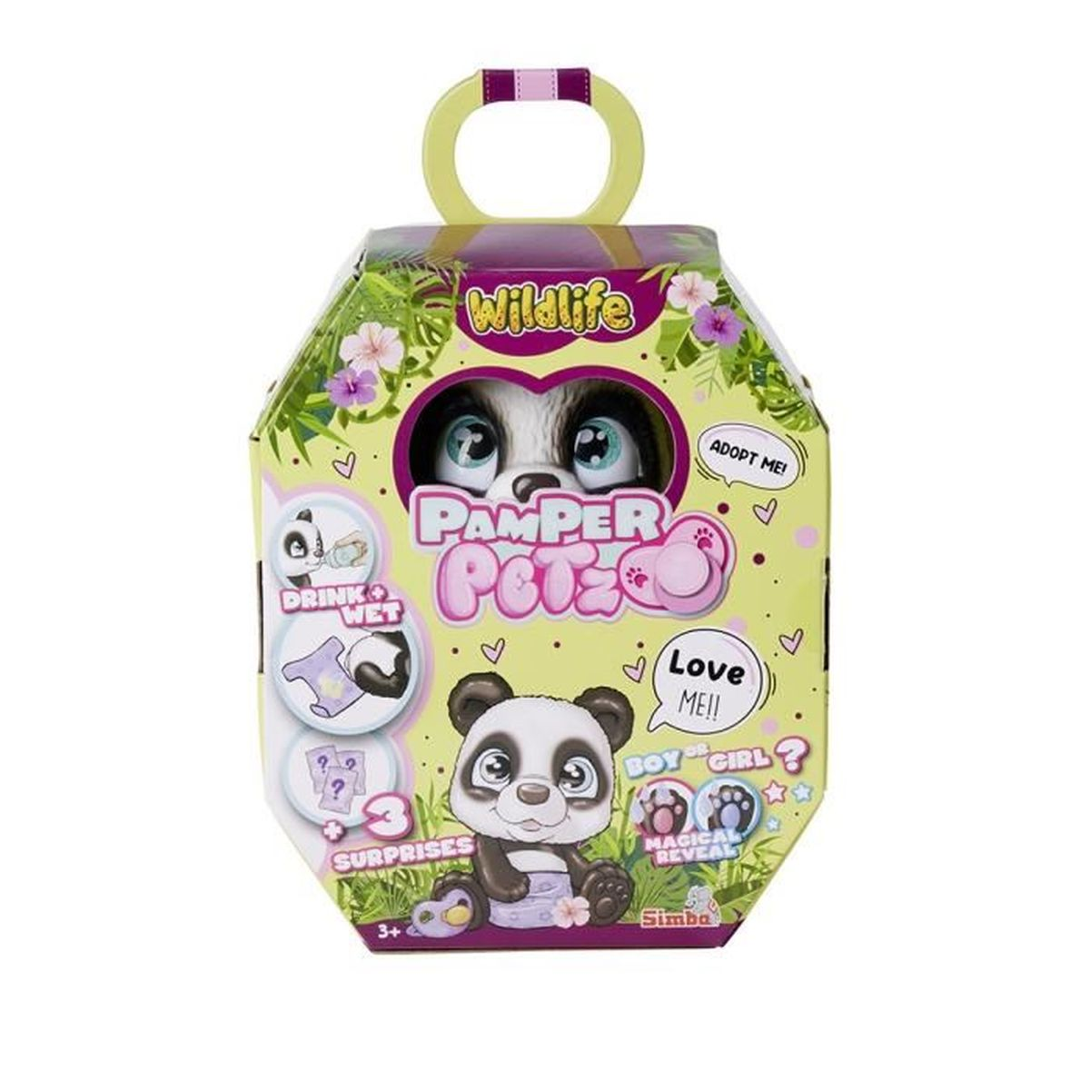 Eine bunte Box mit einem Pandaspielzeug aus der Serie 'Pamper Petz Wildlife'. Sie hat einen Griff, Pandaaugen und Textetiketten.