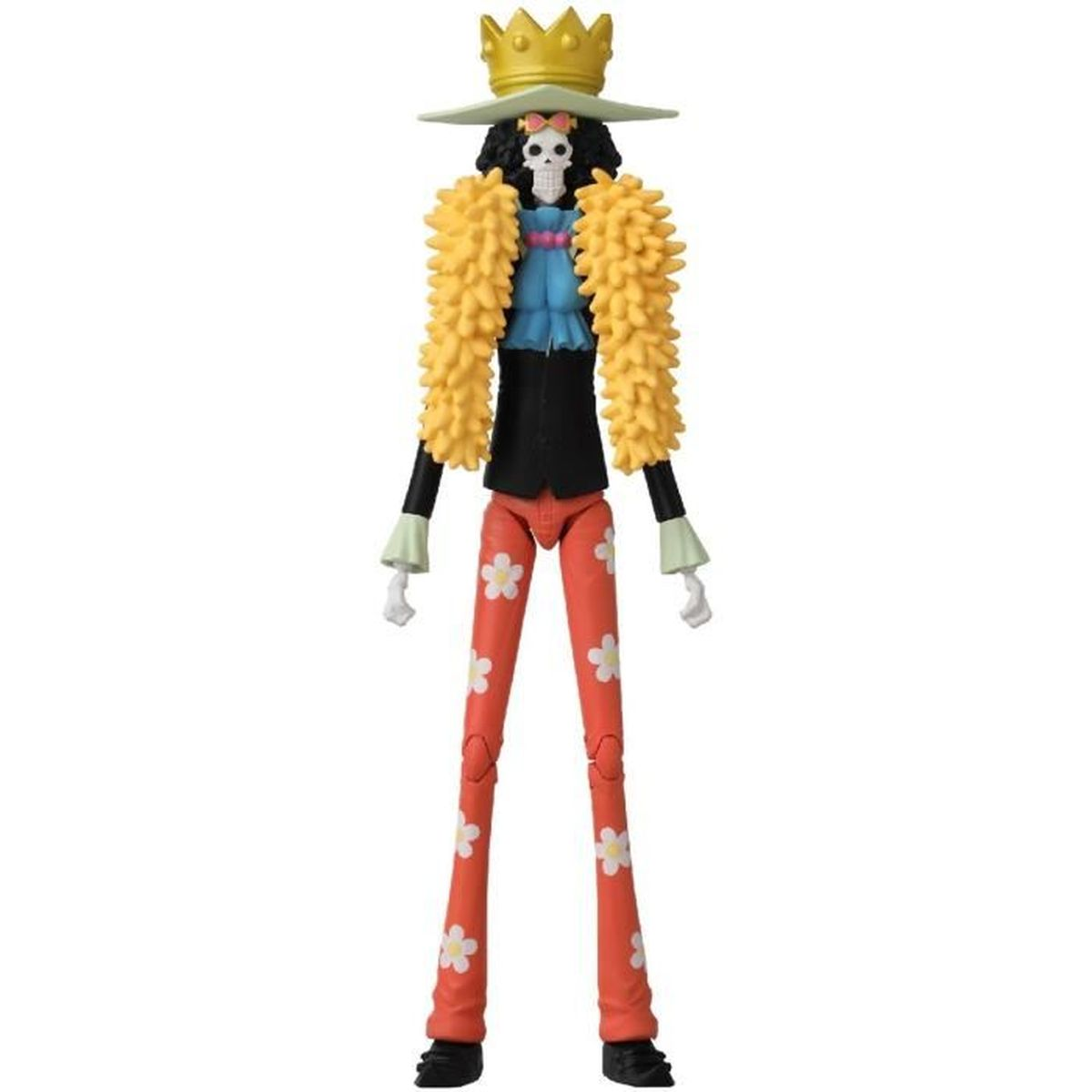 Una figura de Brook de One Piece. Lleva una corona, sombrero, piel amarilla, chaqueta negra, pantalones naranjas con flores blancas y tiene una calavera.