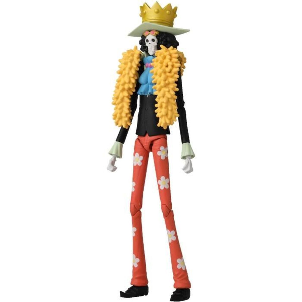 Una figura de esqueleto con corona, sombrero y boa amarilla. Tiene pantalones rojos con flores blancas y un traje negro.