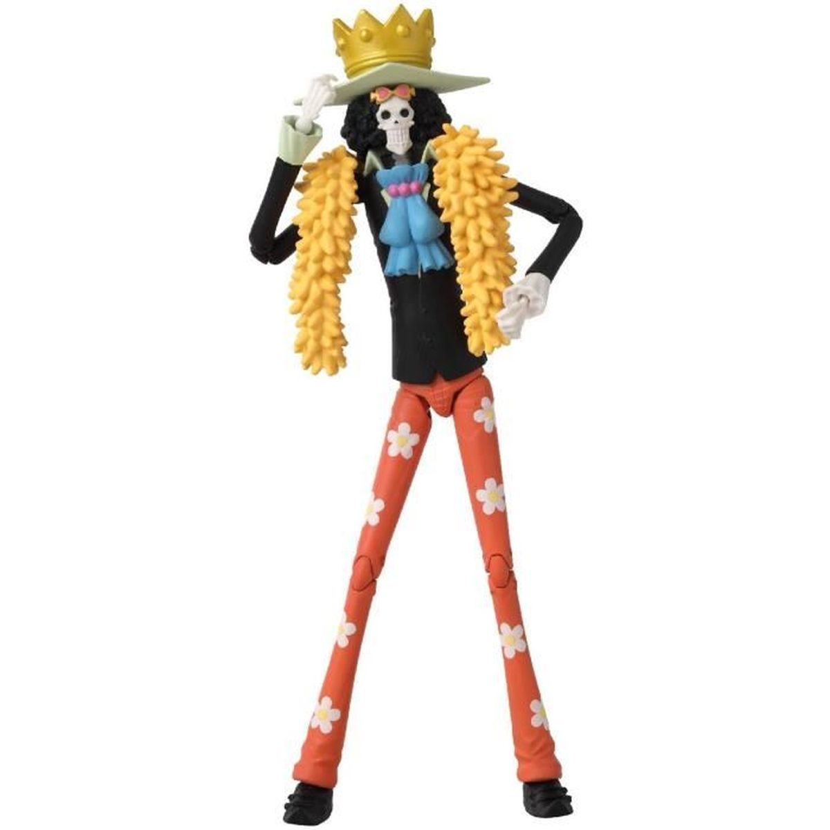 Una figura de acción de un personaje esquelético. Lleva corona, sombrero, bufanda amarilla y pantalones naranjas con flores. Zapatos negros.