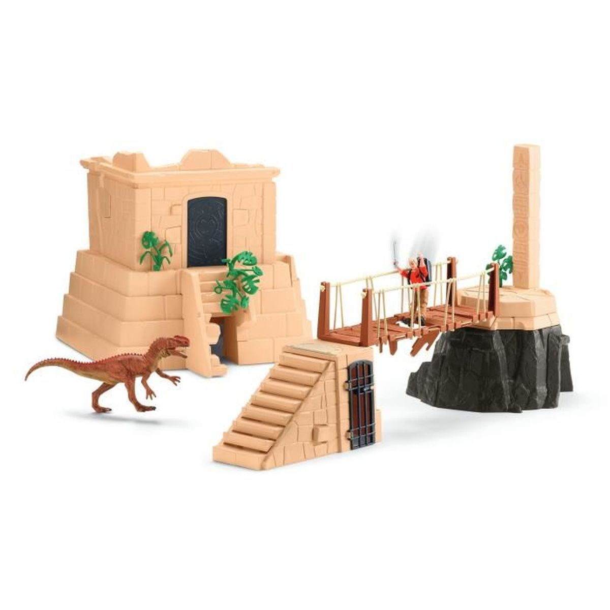 Een speelgoedscène met een dinosaurus, tempelachtige structuren, een brug en een figuur met een zwaard. Bruine en beige kleuren overheersen.