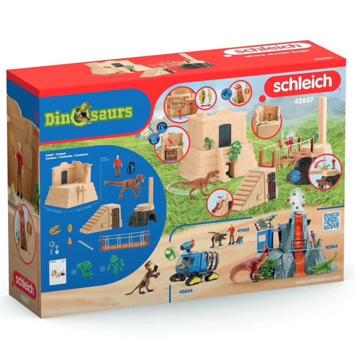 Een Schleich dinosaurus speelgoed set doos wordt getoond. Het toont verschillende dinosaurusfiguren en speelomgevingen met het logo van het merk.