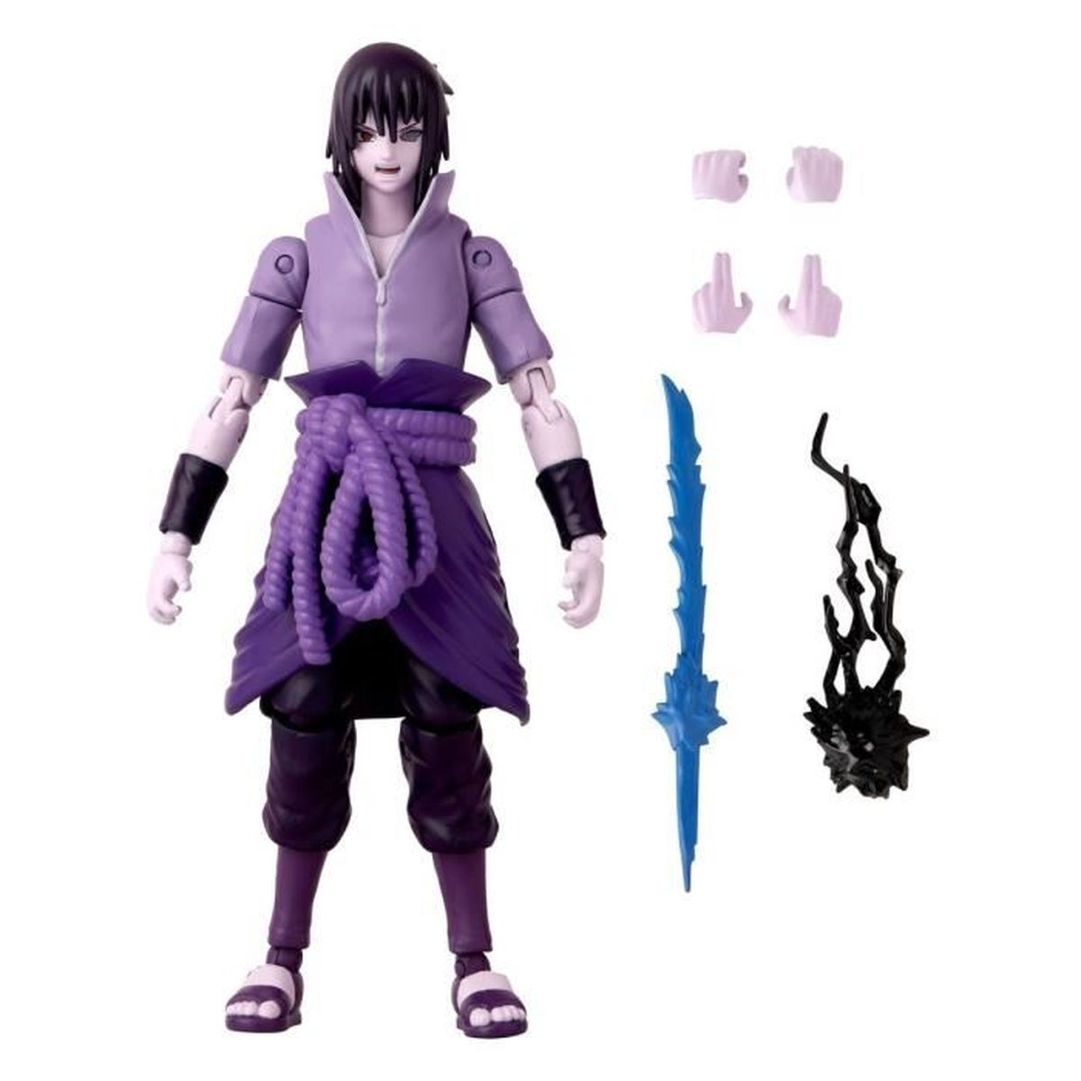 Eine Sasuke-Actionfigur mit lila Kleidung und Zubehör. Enthält Ersatzhände, eine blaue Klinge und schwarze Energieeffekte.