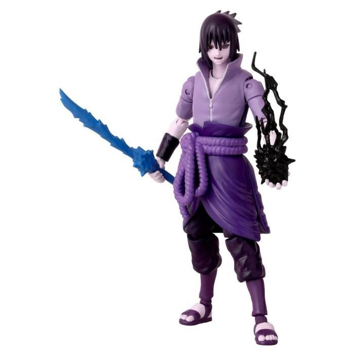 Eine lilafarbene Actionfigur einer Figur mit einem blauen Schwert und schwarzer Energie um den Arm. Die Figur steht auf weißem Hintergrund.