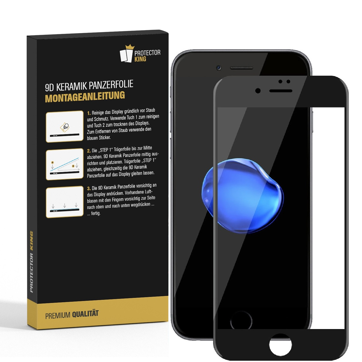 Ein Telefon mit Displayschutzfolie neben einer Box mit Anweisungen. Die Schutzfolie hat eine blaue Blase auf der Oberfläche.