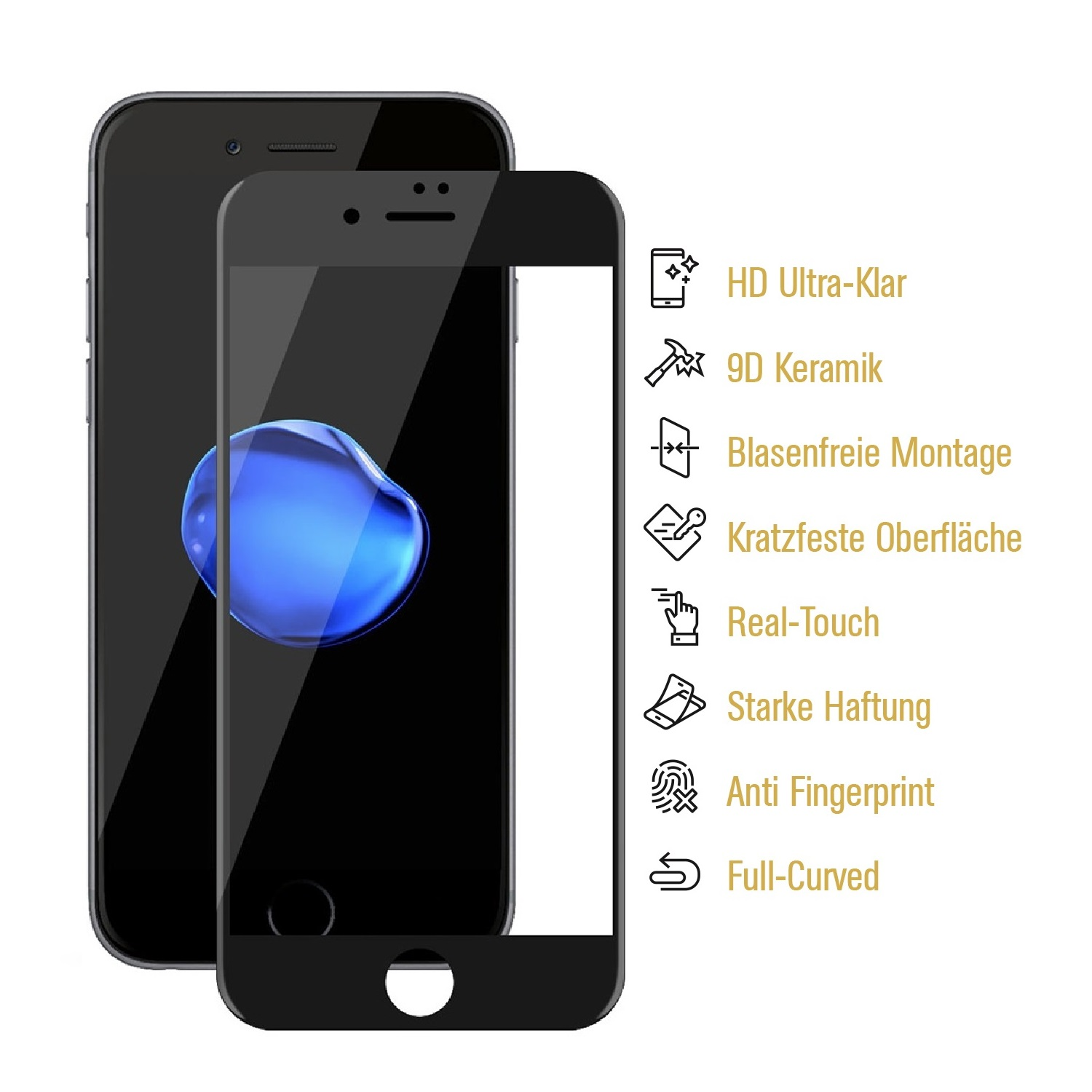 Ein schwarzes Smartphone mit Displayschutzfolie wird angezeigt. Funktionen wie HD-Klarheit, Keramik und Fingerabdruckresistenz werden hervorgehoben.