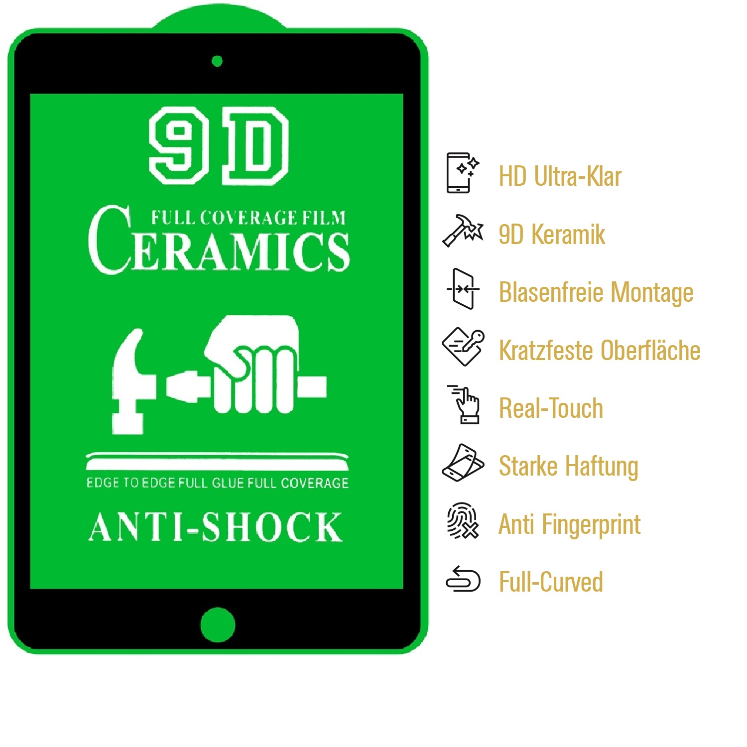 Ein grüner Displayschutz mit weißem Text. Er zeigt '9D Ceramics' und Symbole für Funktionen wie HD-Klarheit und Anti-Fingerprint.