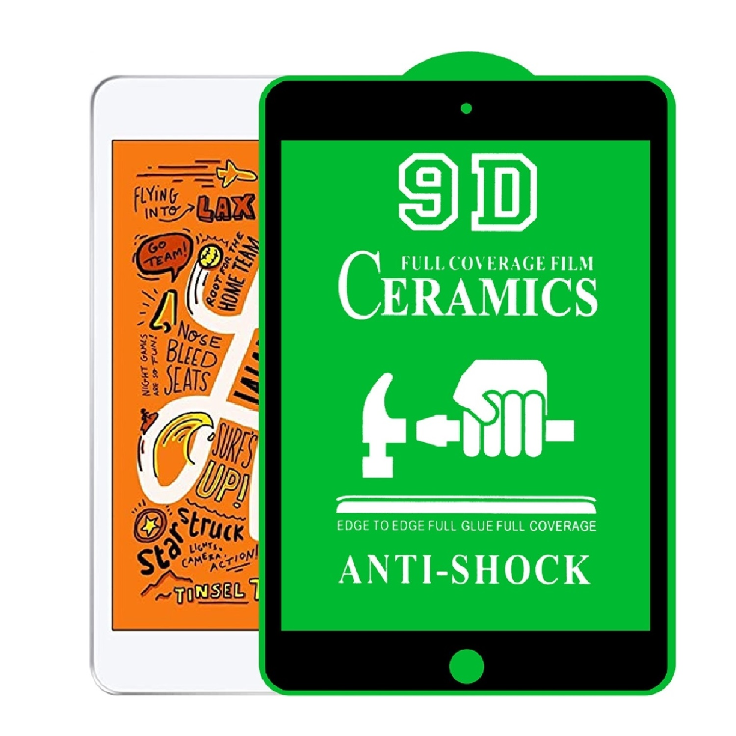 Zwei Tablets werden angezeigt. Eines hat einen orangefarbenen Hintergrund mit Text und Zeichnungen. Das andere ist grün mit weißem Text und einem Hammer-Symbol.