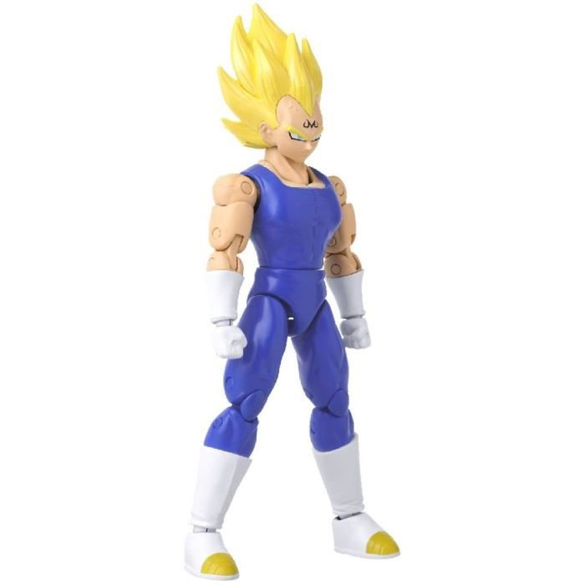 Figura de Vegeta. Tiene cabello amarillo y un traje azul. Guantes y botas blancas. De pie con los brazos a los lados.