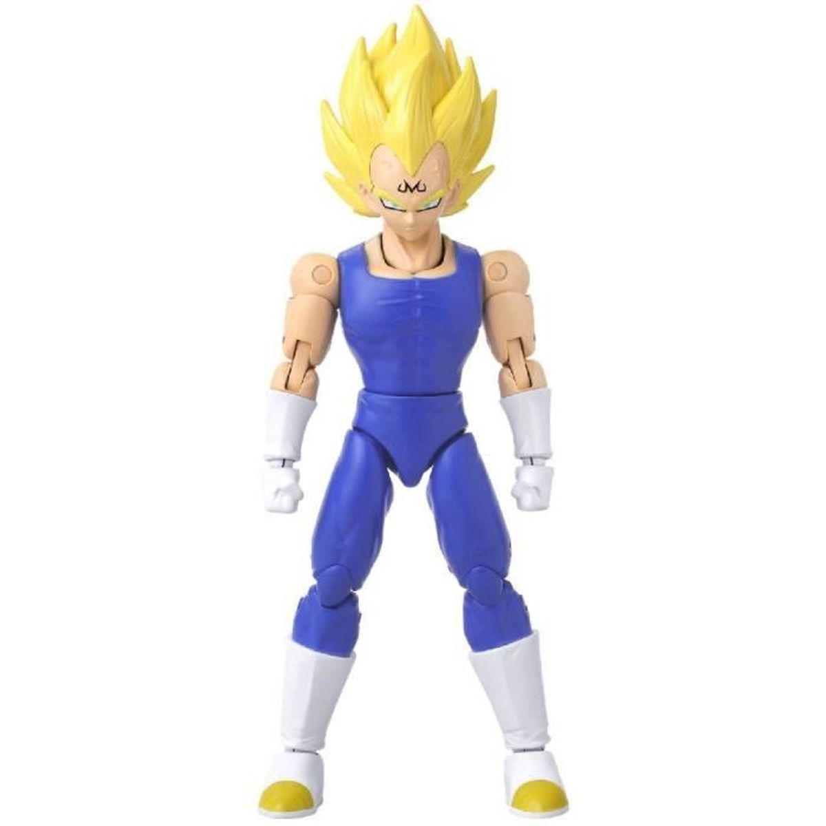 Figura de acción de Vegeta con pelo amarillo puntiagudo, traje azul, guantes y botas blancas. Tiene una "M" en la frente. De pie y mirando hacia adelante.