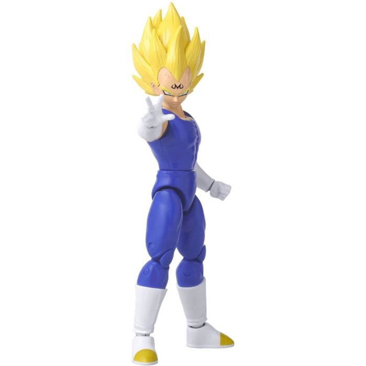 Una figura de acción de Dragon Ball Z de Vegeta. Tiene pelo amarillo puntiagudo, traje azul, guantes y botas blancas con detalles amarillos.