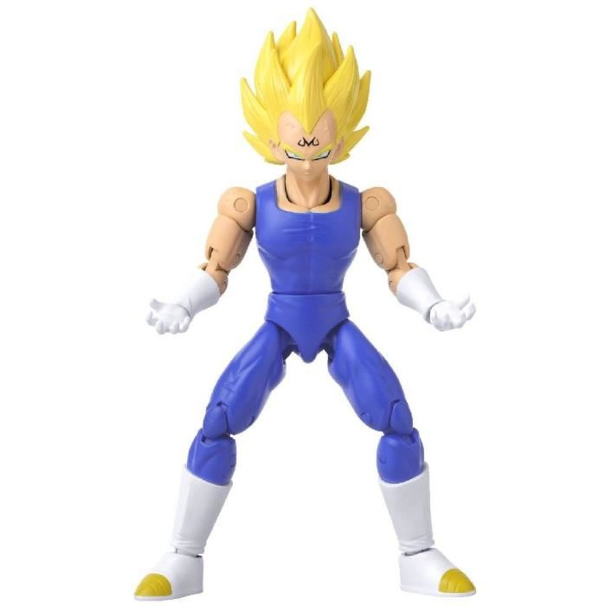 Una figura de acción de Dragon Ball Z de Vegeta con un traje azul y cabello amarillo puntiagudo. Está de pie con los brazos abiertos, guantes y botas blancas.