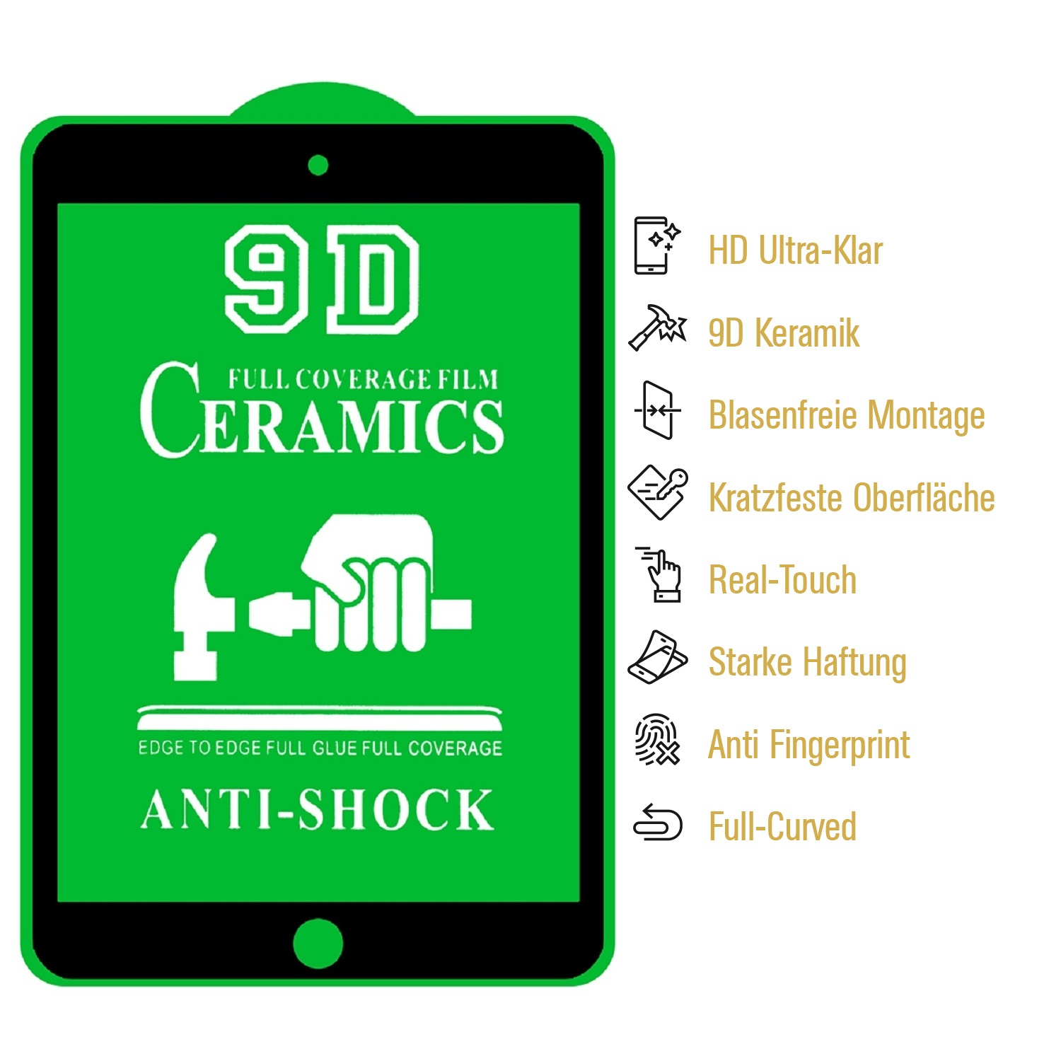 Grüner Displayschutz mit weißem Text: '9D Ceramics Anti-Shock'. Merkmale sind 'HD Ultra-Klar', '9D Keramik' und 'Full-Curved'.