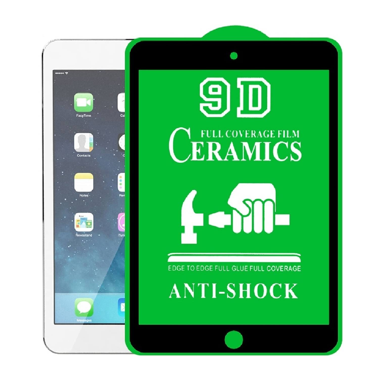 Ein iPad mit grünem Displayschutz. Auf dem Schutz steht "9D Ceramics Anti-Shock". Das iPad zeigt App-Symbole an.
