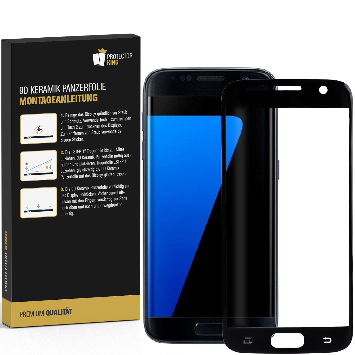 Ein Telefon mit Displayschutzfolie neben einer Box mit Anweisungen. Der Telefonbildschirm zeigt Blau.