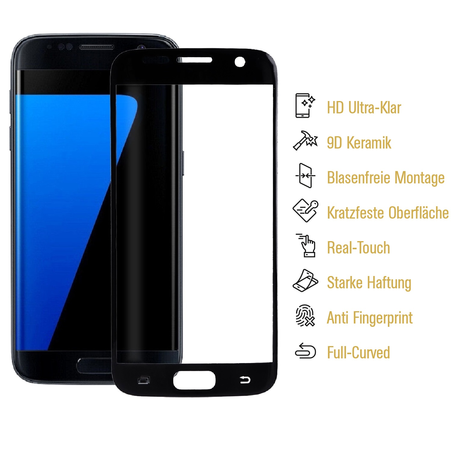 Zwei schwarze Smartphones, eines mit Displayschutz. Text rechts listet Funktionen wie HD-Klarheit, Anti-Fingerprint.