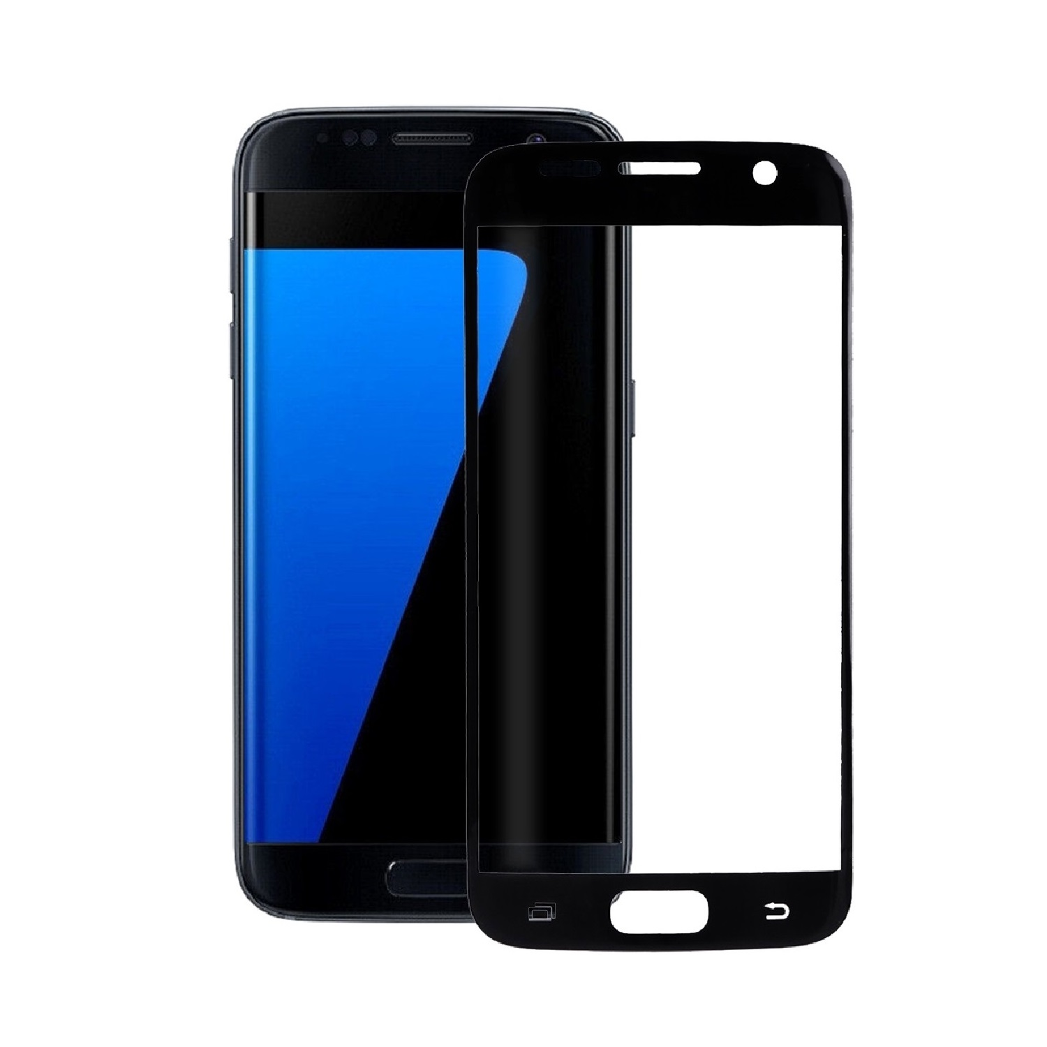 Zwei schwarze Smartphones, eines mit blauem Bildschirm und das andere mit klarer Displayschutzfolie. Weißer Hintergrund.