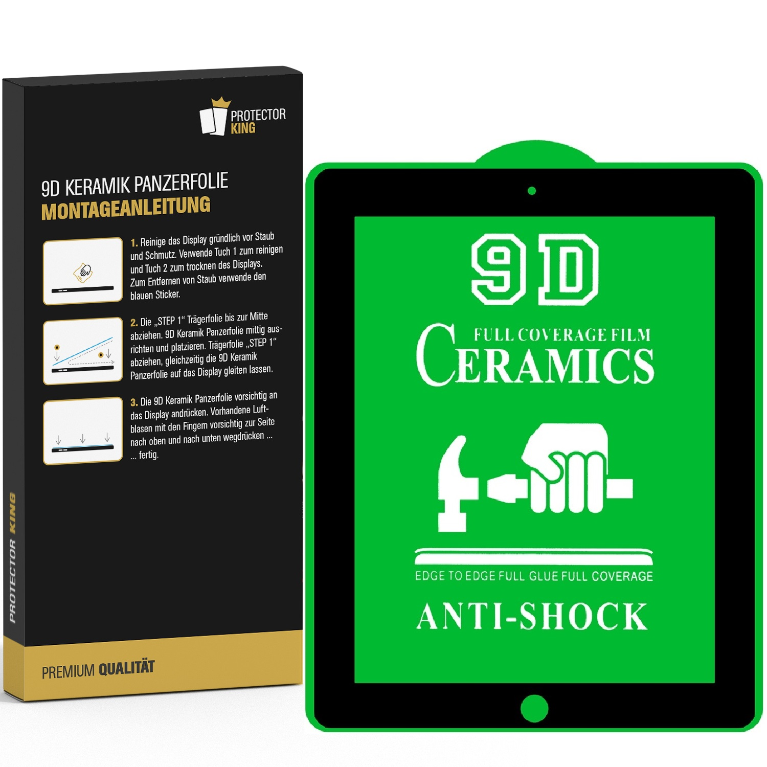 Eine Verpackung für einen Displayschutz und ein grüner Displayschutz. Text enthält '9D Ceramics' und Montageanleitung.