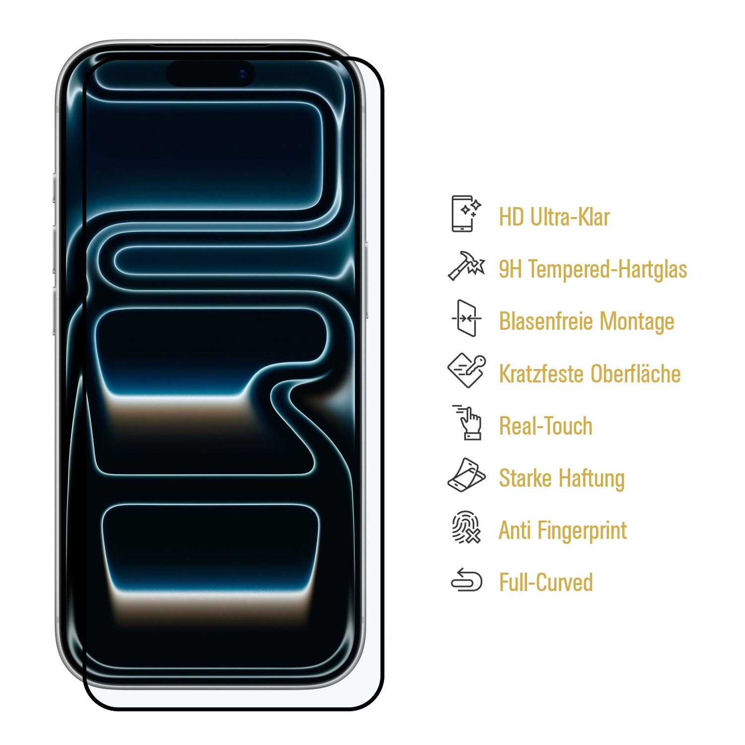 Ein Displayschutz für ein Telefon wird gezeigt. Textdetails umfassen HD Ultra-Klar, 9H Tempered-Hartglas, Blasenfreie Montage und Anti-Fingerprint.