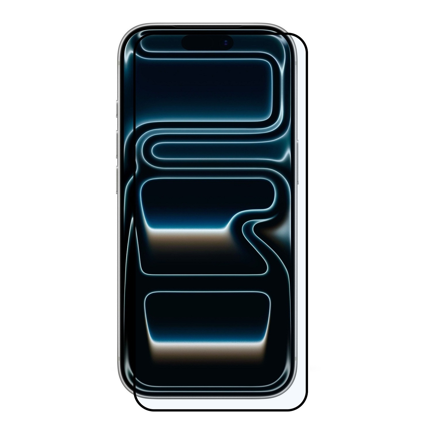 Ein Smartphone mit angebrachtem Displayschutz. Der Bildschirm zeigt ein dunkelblaues abstraktes Design mit leuchtenden Linien.