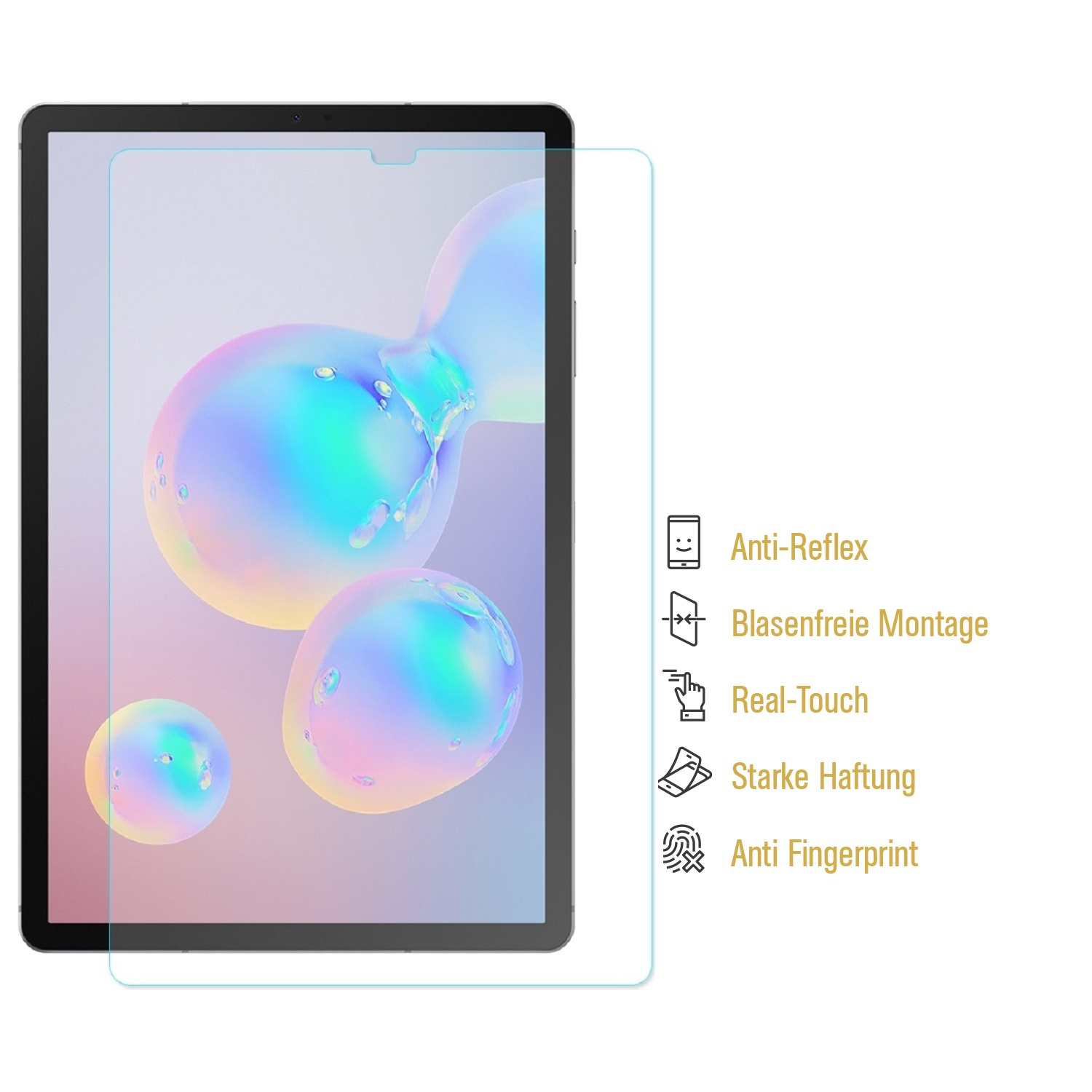 Tablet mit Displayschutzfolie, drei bunten Kugeln und Symbolen: Anti-Reflex, blasenfreie Montage, Real-Touch, starke Haftung und Anti-Fingerabdruck.