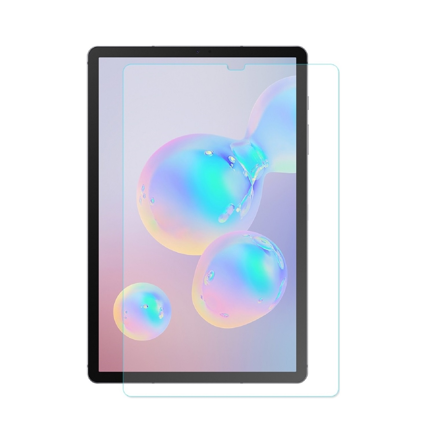 Ein Tablet mit Displayschutzfolie, das farbenfrohe Kugeln im Hintergrund zeigt. Das Tablet ist schwarz, der Schutz ist transparent.
