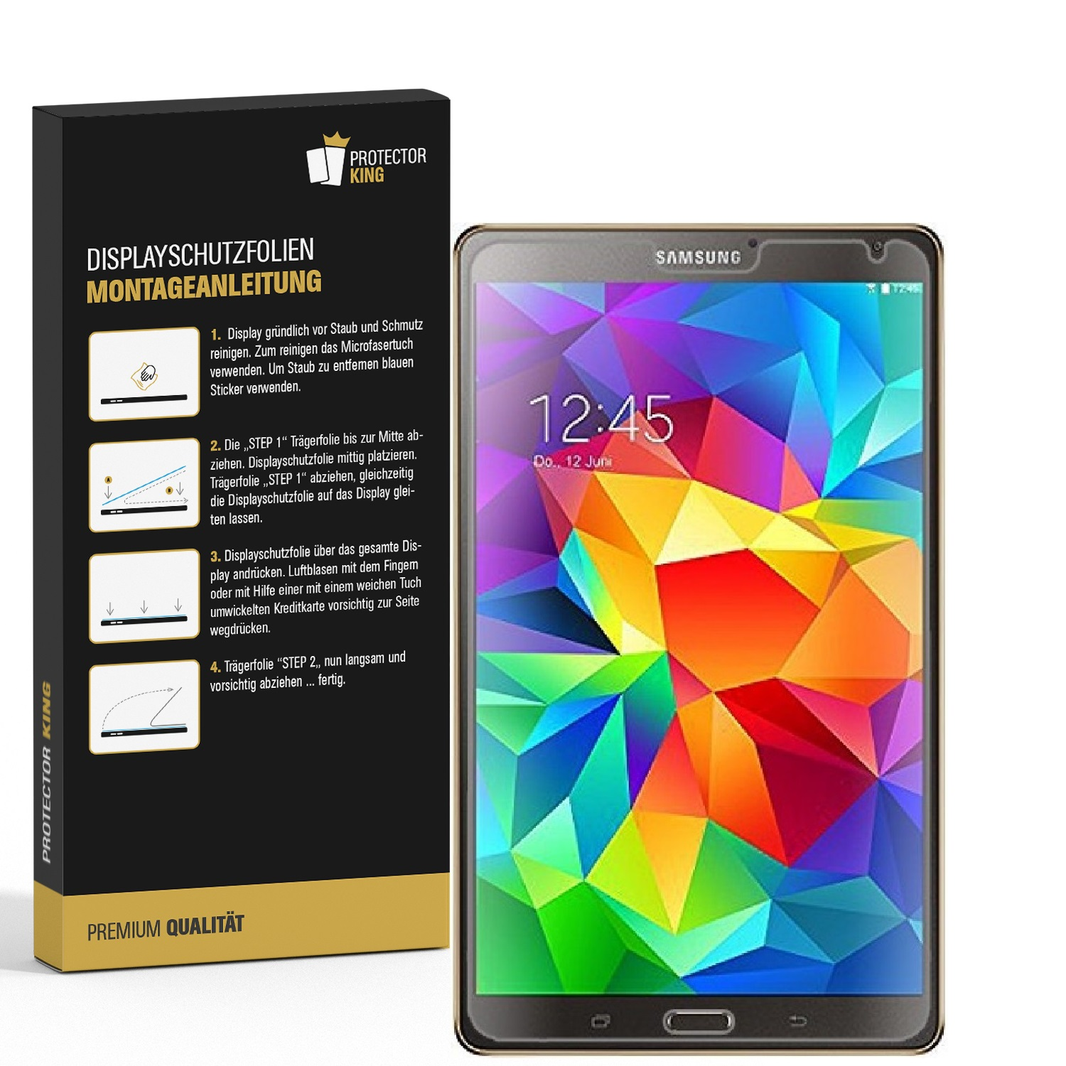 Ein Displayschutzfolien-Kit neben einem Tablet, das farbenfrohe geometrische Formen und die Uhrzeit anzeigt.