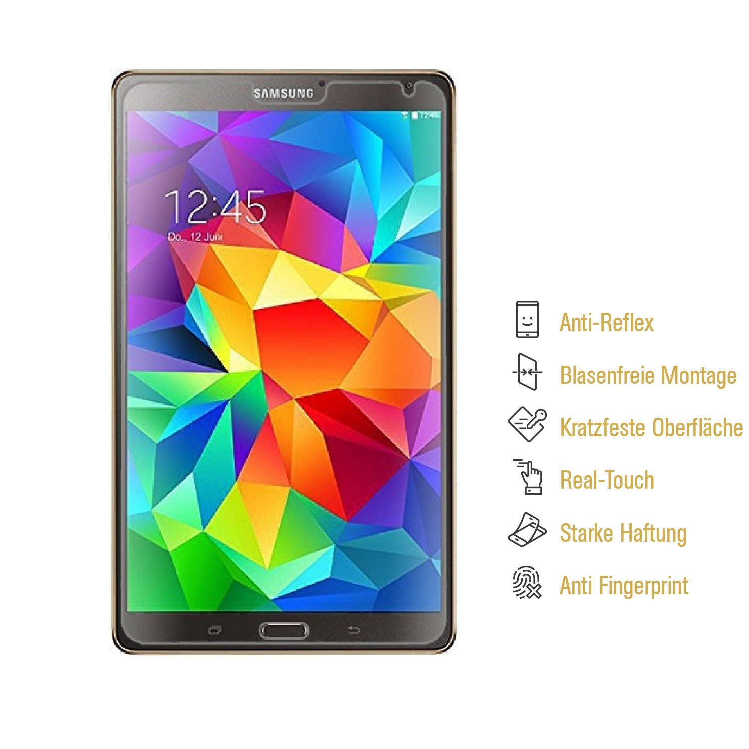 Ein Samsung-Tablet zeigt ein farbenfrohes geometrisches Muster auf seinem Bildschirm mit Uhrzeit und Datum. Text und Symbole beschreiben die Funktionen.