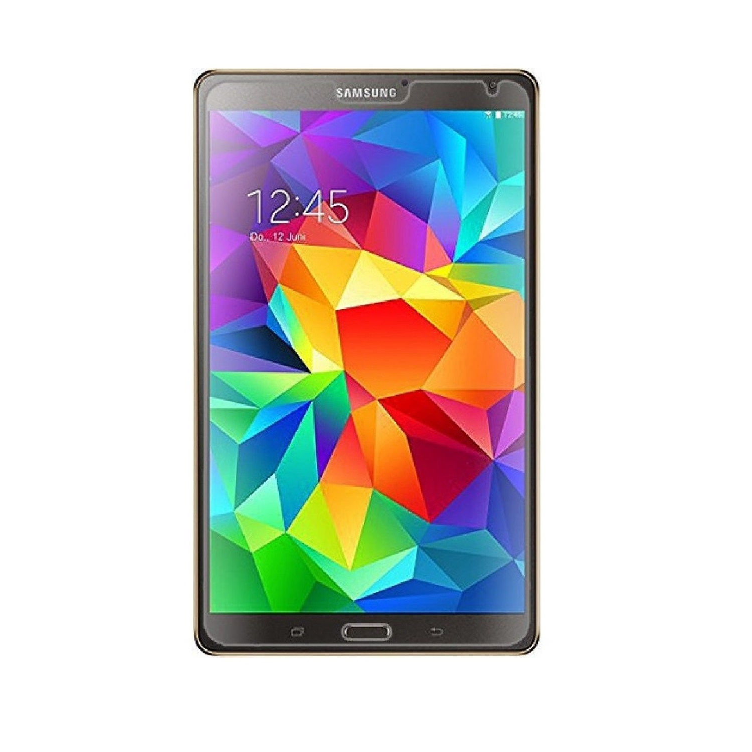 Ein Samsung-Tablet zeigt ein farbenfrohes geometrisches Muster auf seinem Bildschirm. Die Uhrzeit ist 12:45 Uhr und das Datum ist der 12. Juni. Das Tablet hat einen goldenen Rahmen.