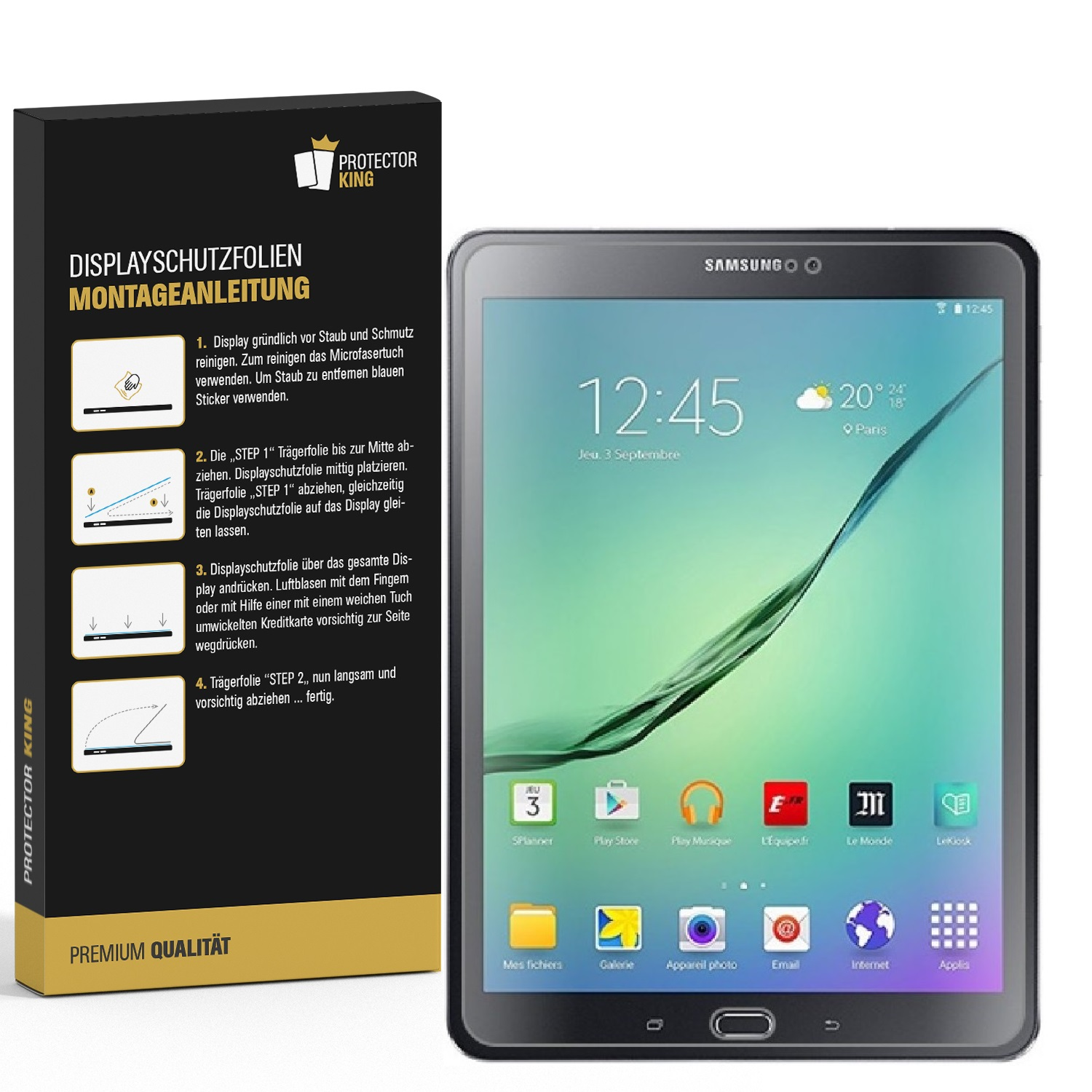 Tablet mit Displayschutzfolie neben einer Box. Das Tablet zeigt Uhrzeit, Datum und App-Symbole. Die Box enthält Anweisungen.