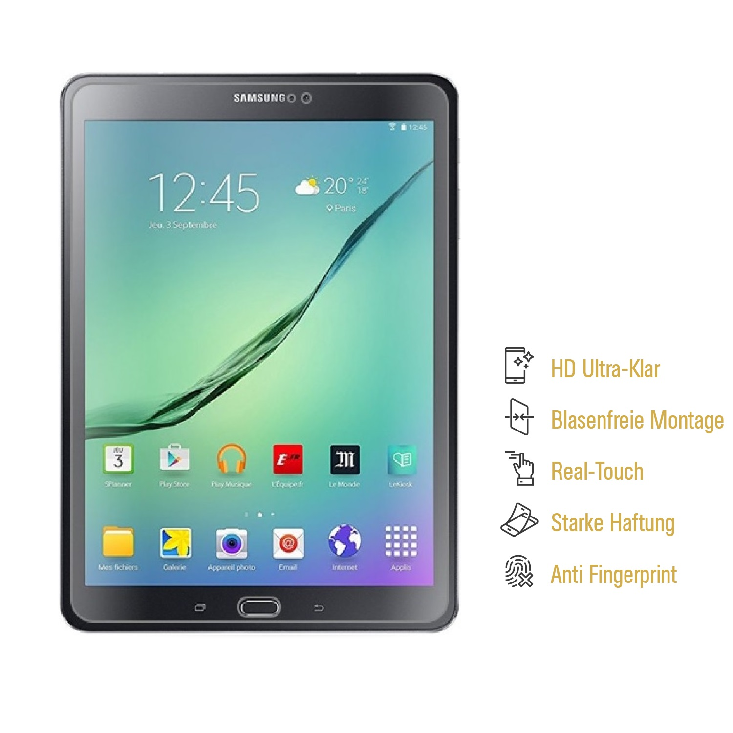 Ein Samsung-Tablet zeigt die Uhrzeit und Symbole an. Text auf der Seite erwähnt Funktionen: HD Ultra-klar, Real-Touch und Anti-Fingerprint.