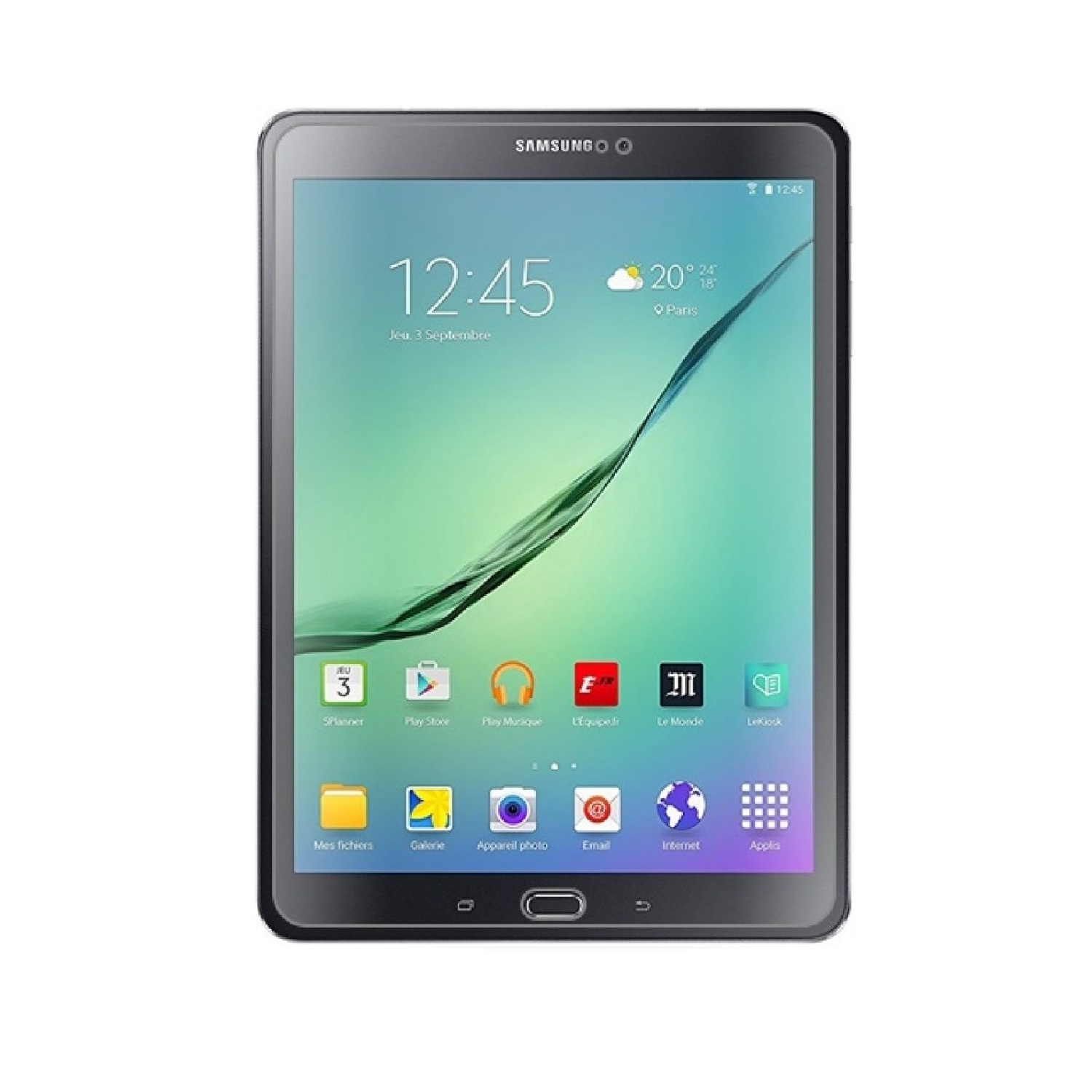Ein Samsung-Tablet zeigt Zeit, Datum und App-Symbole an. Der Bildschirm zeigt einen grünen und blauen Farbverlauf. Das Tablet ist schwarz.