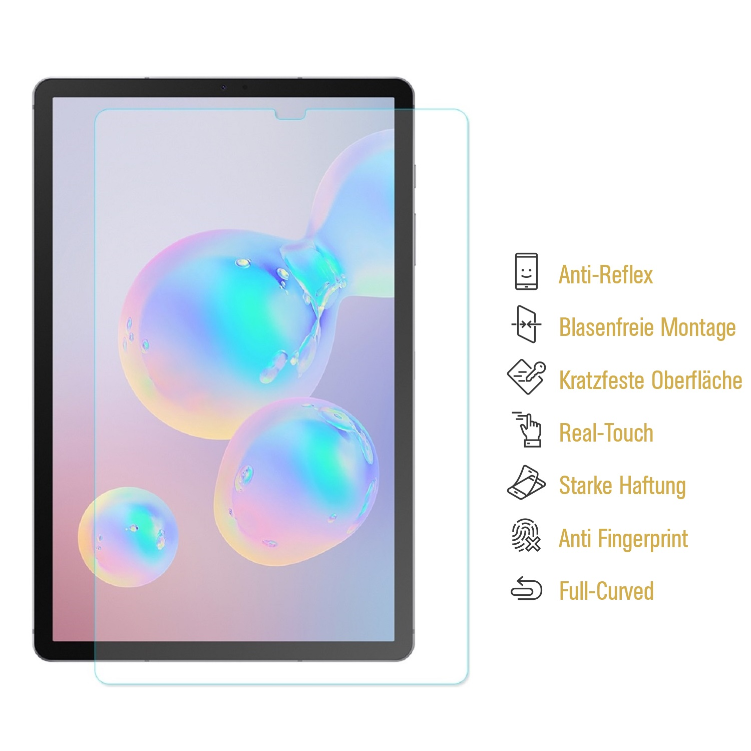 Ein Tablet mit Displayschutz. Bunte Blasen sind auf dem Bildschirm. Text rechts weist auf Funktionen wie Anti-Fingerprint hin.