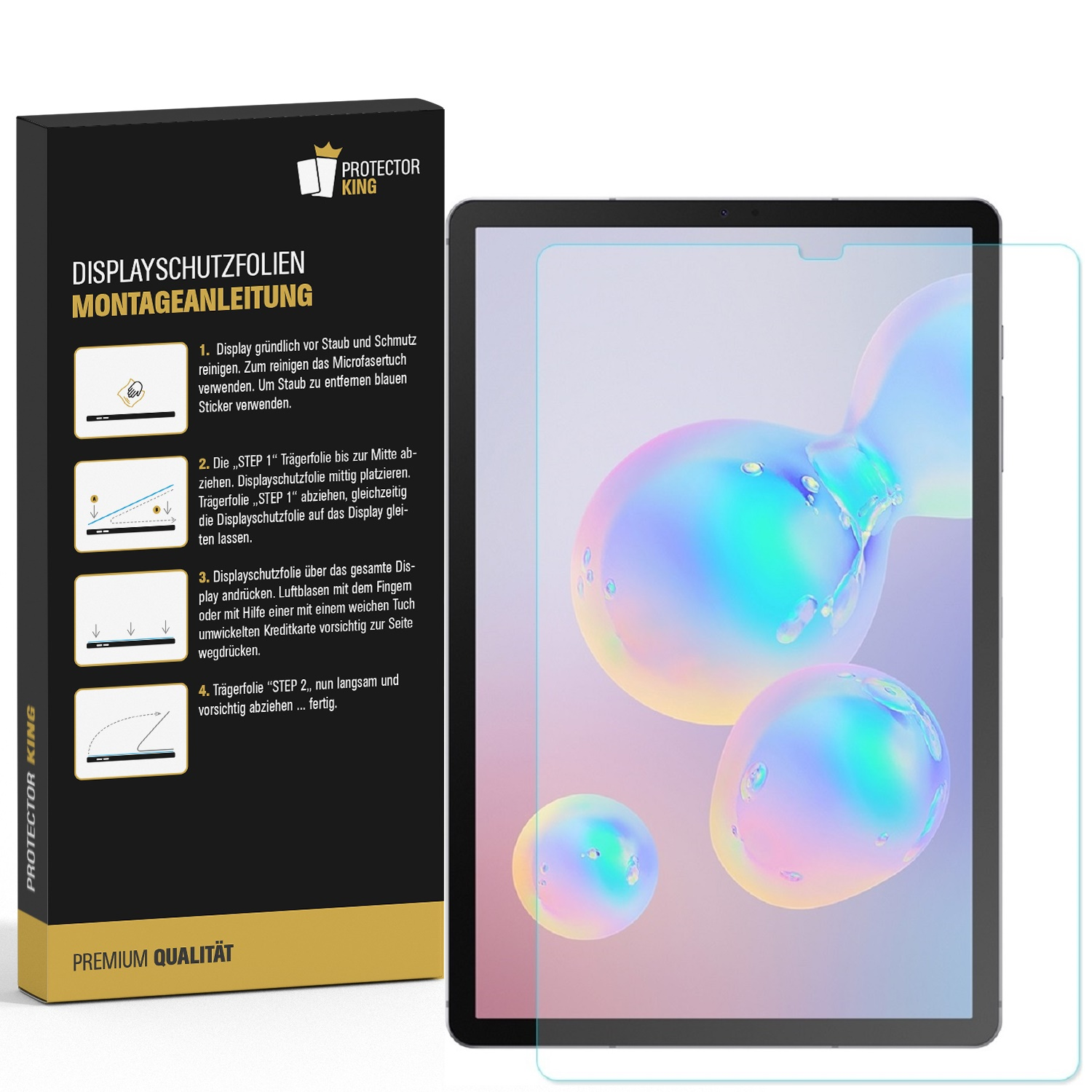 Ein Tablet mit Displayschutzfolie und eine Box mit Anweisungen. Auf dem Bildschirm sind Blasen sichtbar. Die Box hat Text auf Deutsch.