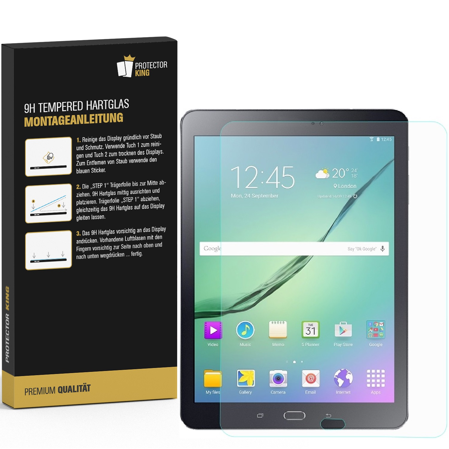 Ein Tablet mit Displayschutzfolie und eine Box mit Anweisungen. Das Tablet zeigt Uhrzeit, Wetter und App-Symbole.
