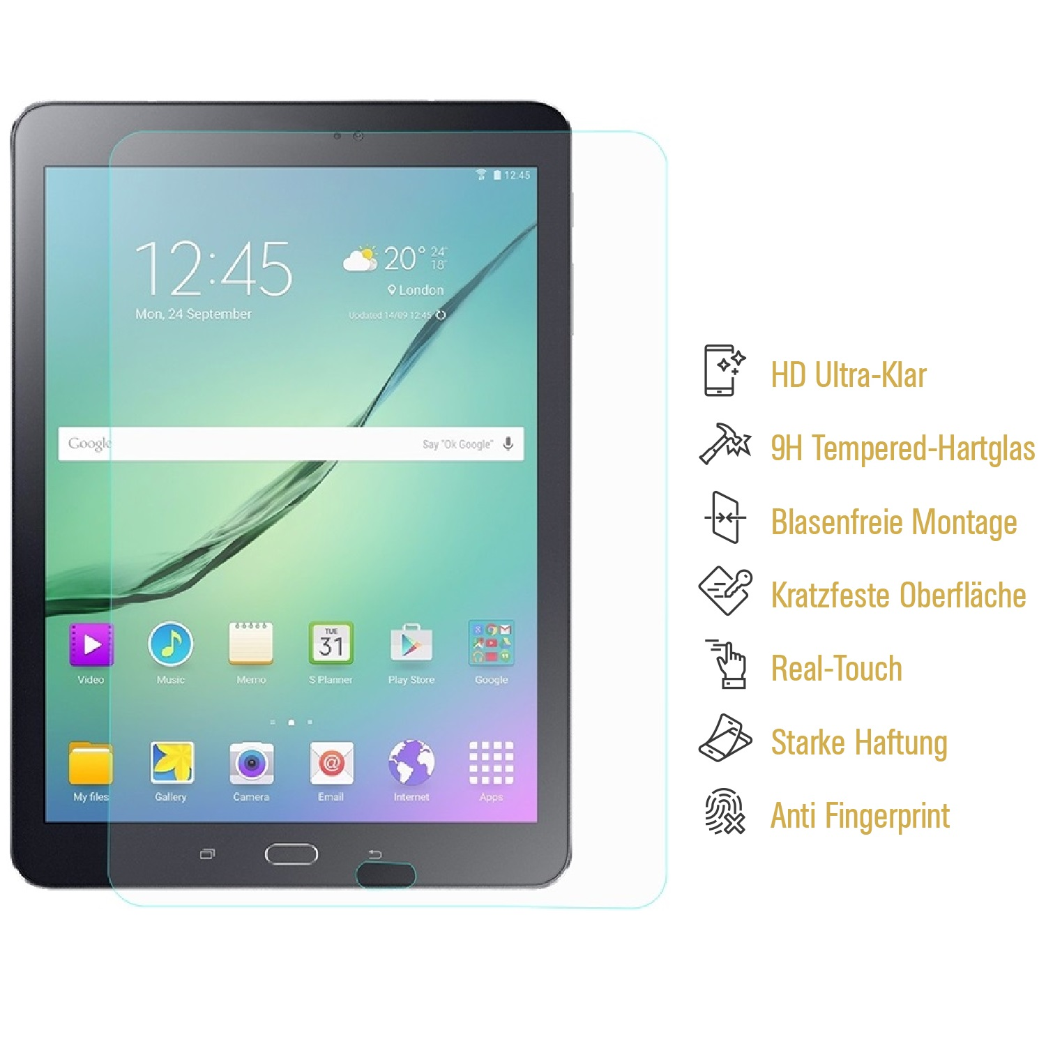Ein Tablet mit Displayschutz. Der Bildschirm zeigt Uhrzeit, Datum und App-Symbole. Merkmale sind auf der rechten Seite aufgeführt.