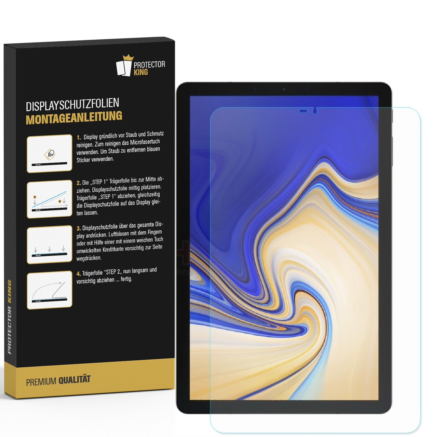 Ein Tablet mit einem Displayschutzfolien-Kit. Die Kit-Box zeigt Anweisungen. Das Tablet zeigt ein farbenfrohes, abstraktes Bild.
