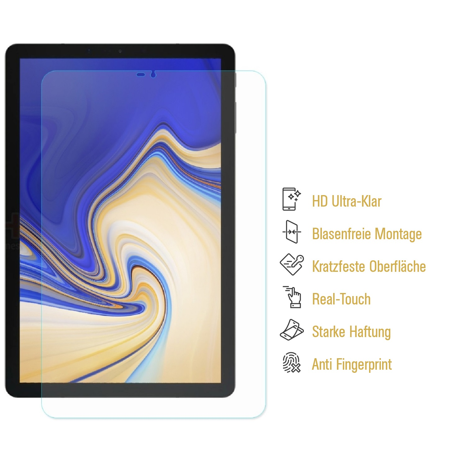Ein Tablet mit angebrachtem Displayschutz. Der Bildschirm zeigt ein blaues und beigefarbenes abstraktes Design. Text rechts listet Funktionen auf.