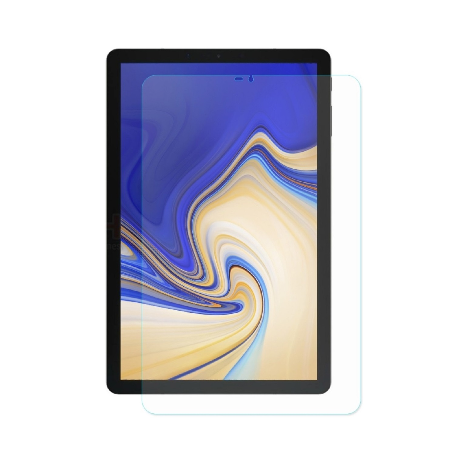 Ein Tablet mit Displayschutzfolie. Der Bildschirm zeigt ein blaues und gelbes abstraktes Muster. Der Schutz ist klar und leicht vom Bildschirm entfernt.