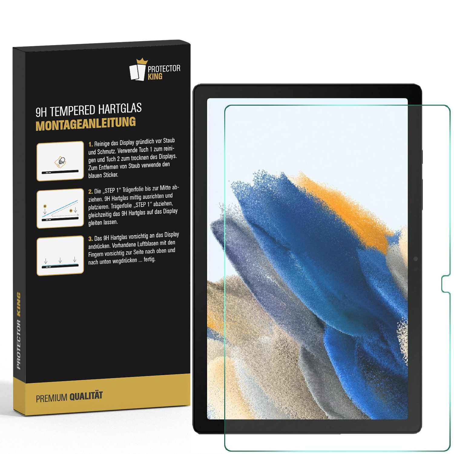 Ein Tablet mit Displayschutzfolie neben einer Produktbox. Die Box zeigt Details zur Installation der Schutzfolie.