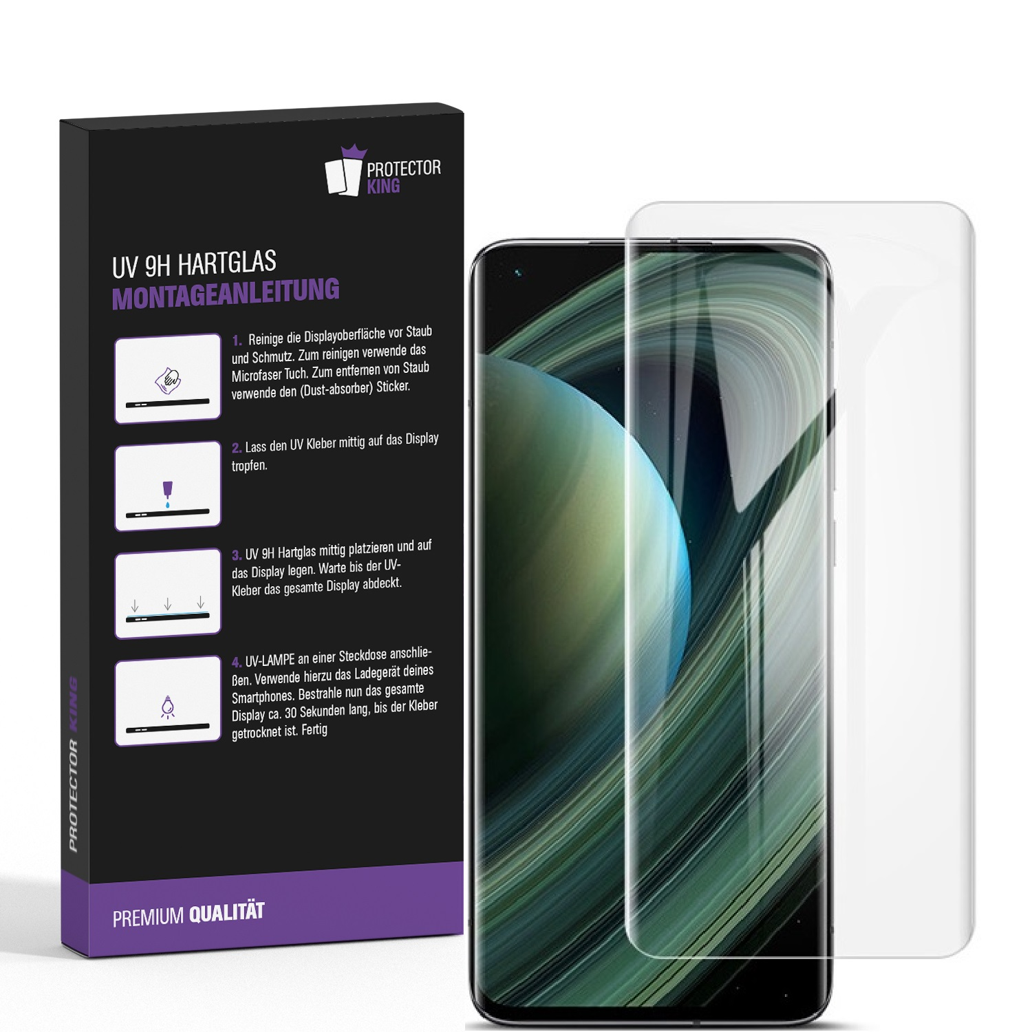 Smartphone mit Displayschutzfolie neben einer Box. Anweisungen sind auf der Box gedruckt. Der Schutz ist klar.