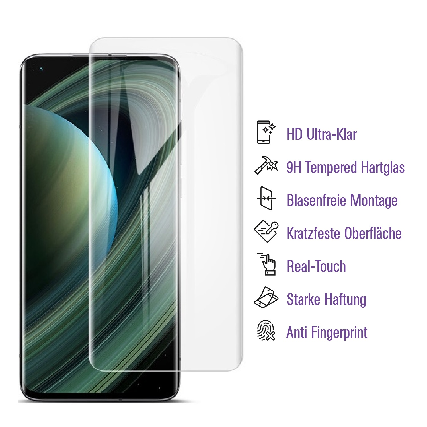 Ein Smartphone mit Displayschutz. Merkmale sind HD-Klarheit, 9H Hartglas und Anti-Fingerprint. Textbeschriftungen sind ebenfalls vorhanden.