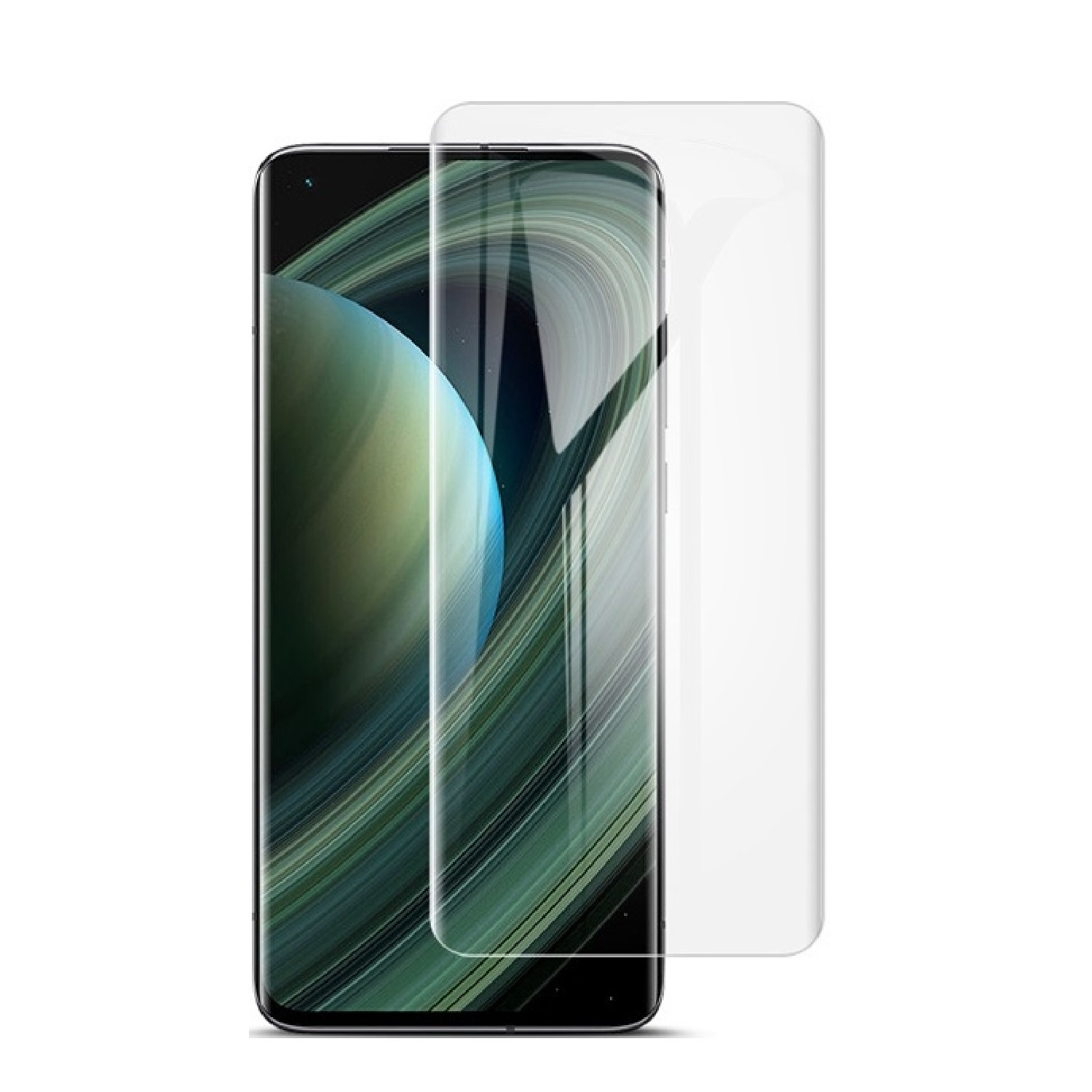 Ein Smartphone mit angebrachter Displayschutzfolie. Der Bildschirm zeigt ein wirbelndes grün-blaues Muster, das einem Planeten ähnelt.