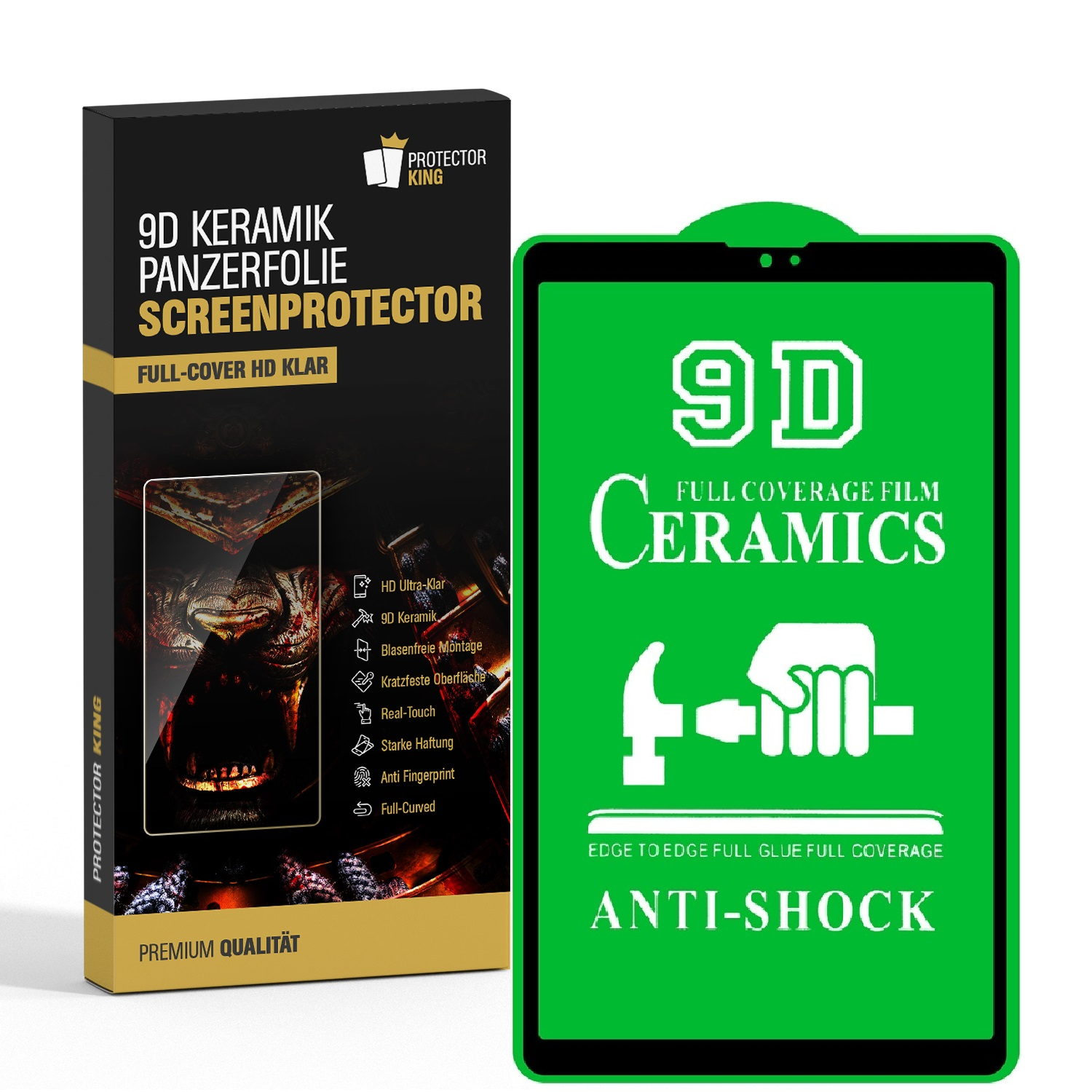 Eine Displayschutzfolienbox und eine grüne Anzeige. Auf der Box steht '9D Keramik Panzerfolie Screenprotector'. Anzeige zeigt '9D Ceramics' und 'Anti-Shock'.