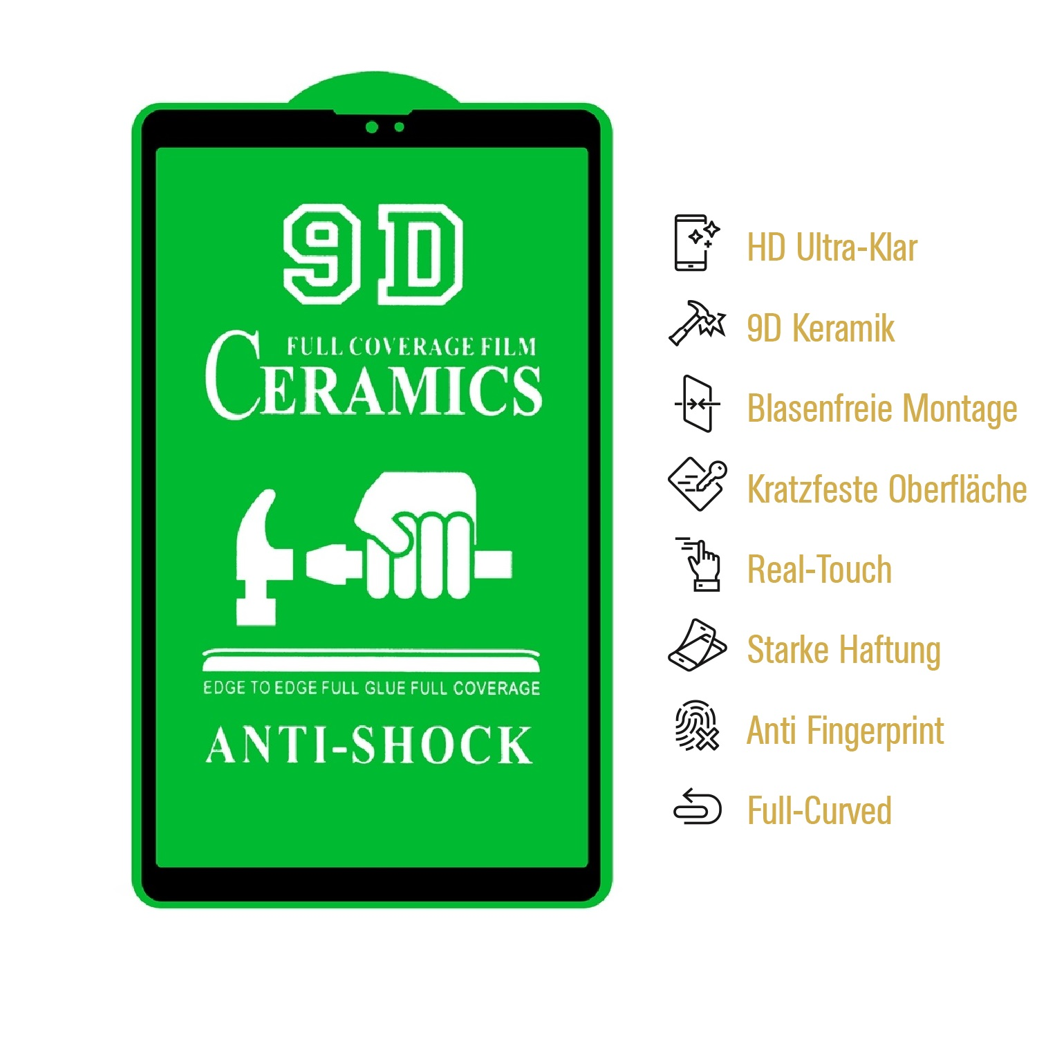 Ein grünes Rechteck mit weißem Text: 9D Ceramics, Anti-Shock und Icons mit deutschem Text, der Funktionen wie HD und Anti-Fingerprint beschreibt.