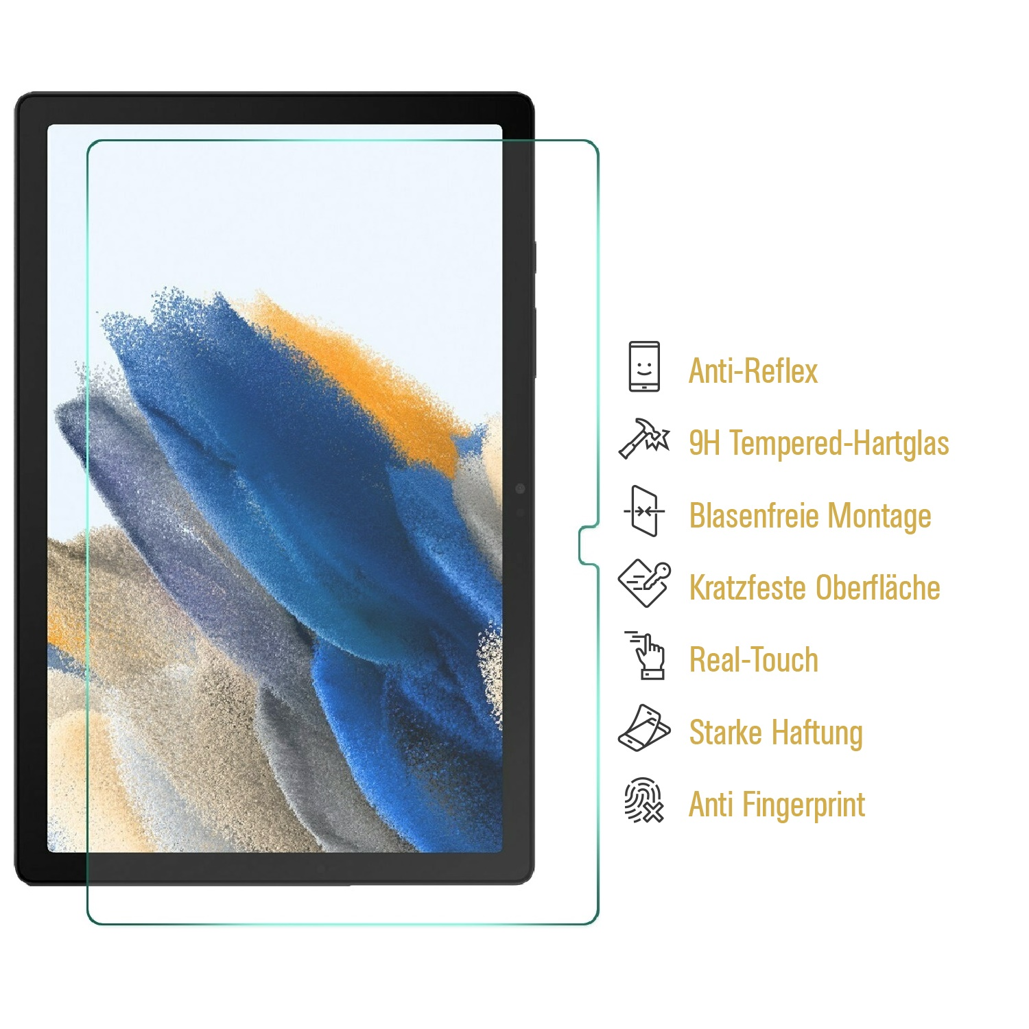 Ein Tablet mit Displayschutz, das Funktionen wie Anti-Reflex, gehärtetes Glas und Anti-Fingerprint aufweist.